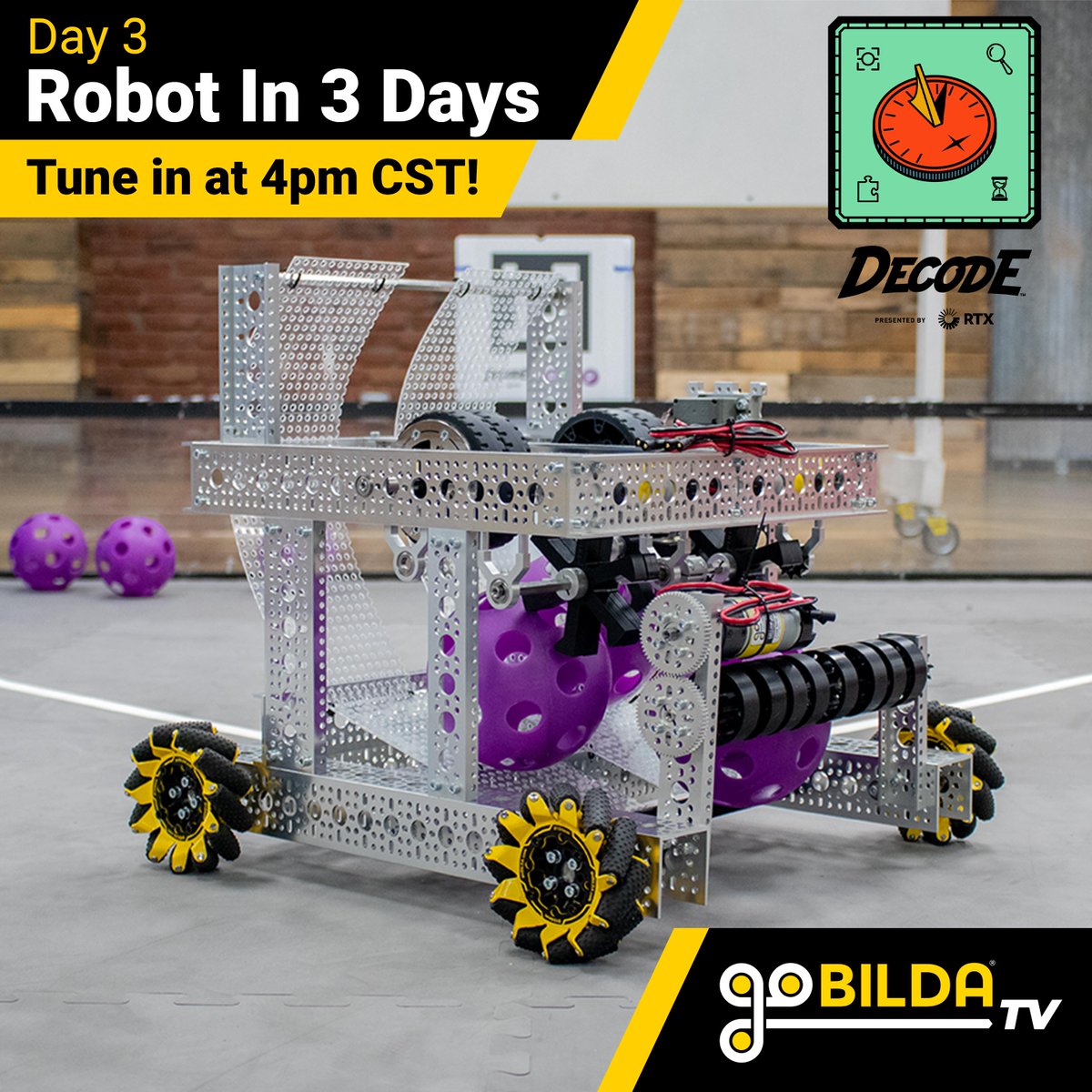 Where will the innovations and ARTIFACTs land on the final day of our Robot in 3 Days livestream? Find out when you tune in between 4pm and 9pm CST today on our YouTube channel!
youtube.com/@goBILDA