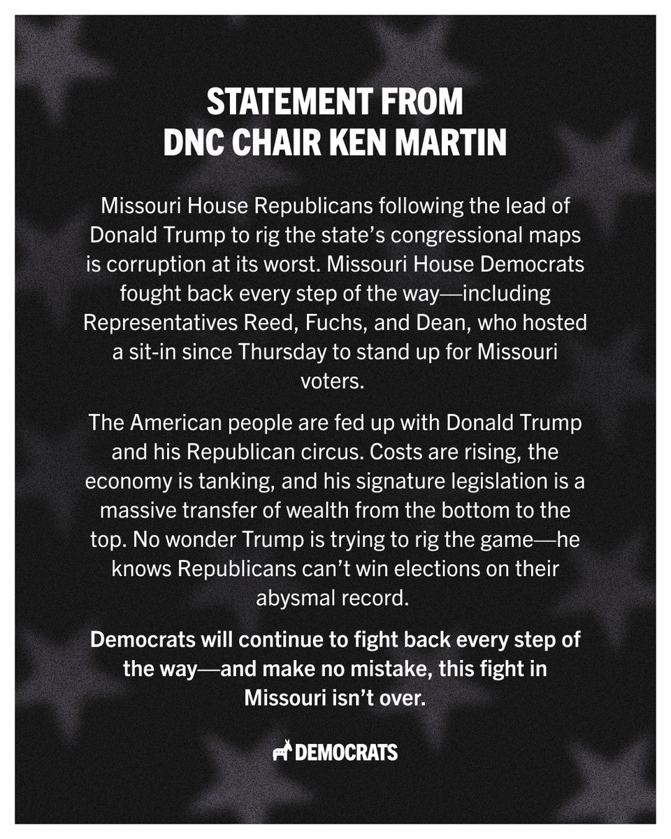 Missouri House Republicans just passed Trump’s rigged congressional map.

Read my statement below: