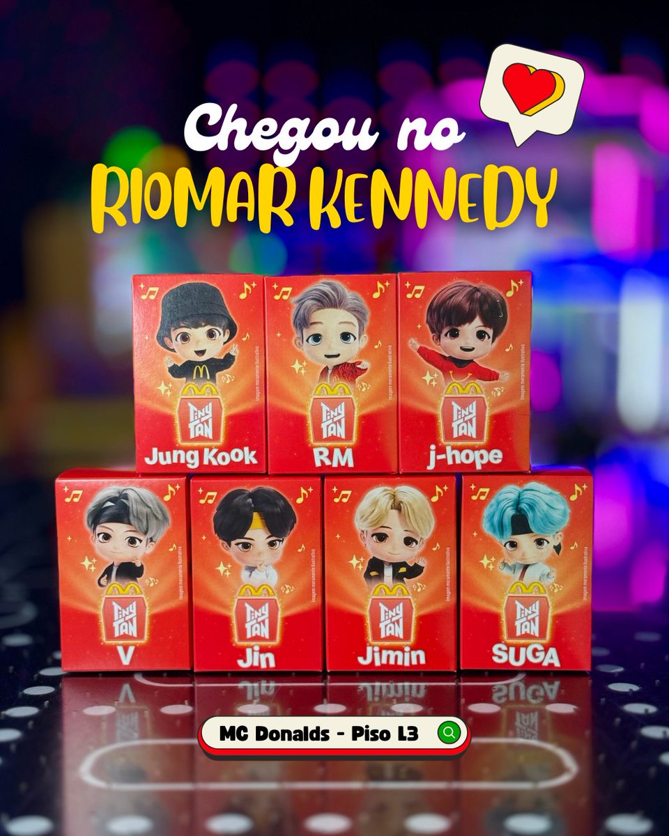 RioMarKennedy's tweet photo. 🚨 ARMYs e colecionadores, atenção! Chegaram os brindes do McLanche Feliz com os TinyTAN — personagens inspirados nos membros do BTS! 💜✨ Corre no McDonald’s do RioMar Kennedy (Piso L3) e garante o seu! 🏃♀️ #RioMarKennedy #TinyTAN #BTSxMcDonalds #PraTodoMundoVer https://t.co/iFU1PAJIqA