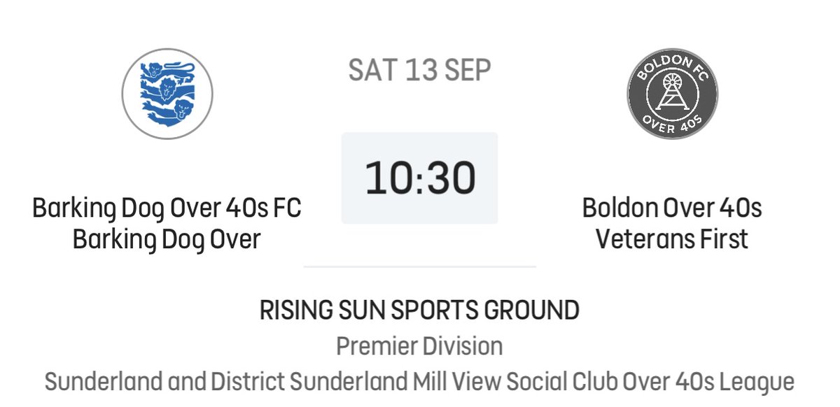 Next up….
Barking Dog (a)

Meet 9:45
KO 10:30

 🏟️ RISING SUN SPORTS GROUND, KINGS ROAD NORTH, WALLSEND, 
NE28 9JJ