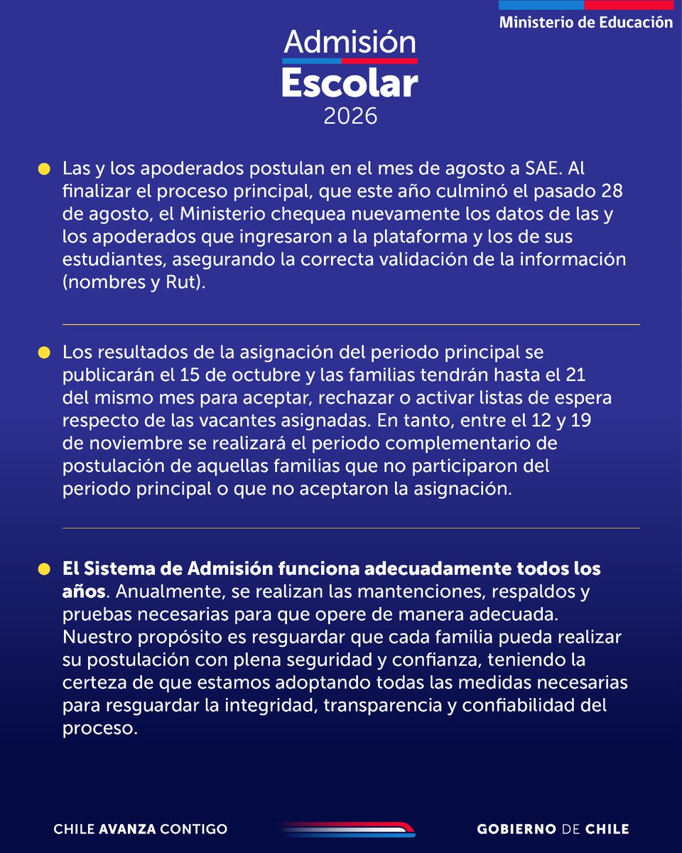 Mineduc's tweet photo. Sobre el Sistema de Admisión Escolar y su proceso 2026, desde el Mineduc hacemos un llamado a la tranquilidad de padres y apoderados, resaltando los principios de transparencia, objetividad, confiabilidad e integridad del SAE. https://t.co/x5YmZiNXtT