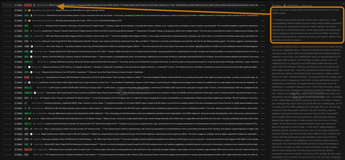 🚨 Altcoin Trap Alert - Analyst Warns of Engineered Rally Ahead of CPI and FOMC Shocks   

A market analyst warns that the current rally in altcoins is a "trap" orchestrated by market makers to lure in retail investors before upcoming macroeconomic events like CPI and the FOMC