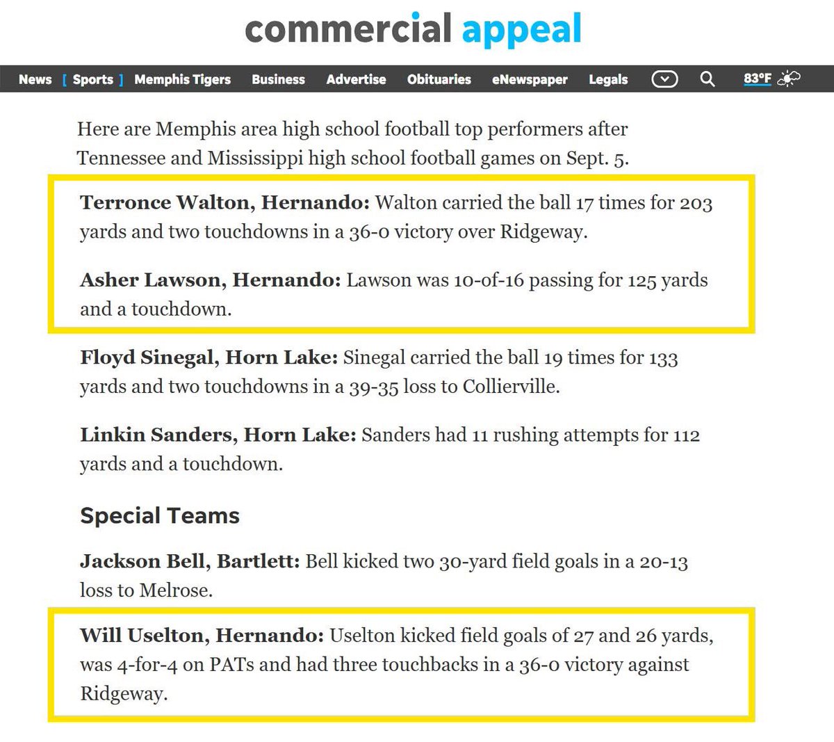 HHS_TigersFB's tweet photo. And the Tiger recognition continues!!! 🐅👏Congratulations to Tigers Terronce Walton, Asher Lawson and Will Uselton for being recognized in not one, but TWO area publications as top performers for the week‼️‼️ https://t.co/0Ii0YUZy1L