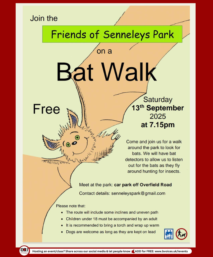 B31Voices's tweet image. #SWBrumEVENTS - Bat Walk 🦇
INFO:👉   bvoices.uk/45TMXaq

📅 Sat 13th Sept
🕚 7:15pm
📍 Senneleys Park - #BartleyGreen
💷 FREE
ℹ️ Meet at the park: car park off Overfield Road

_
#B31VoicesSupportingLocal
#BatWalk
#nature 
#bats 
#Birmingham 
#BirminghamUK 
@BOSFonline