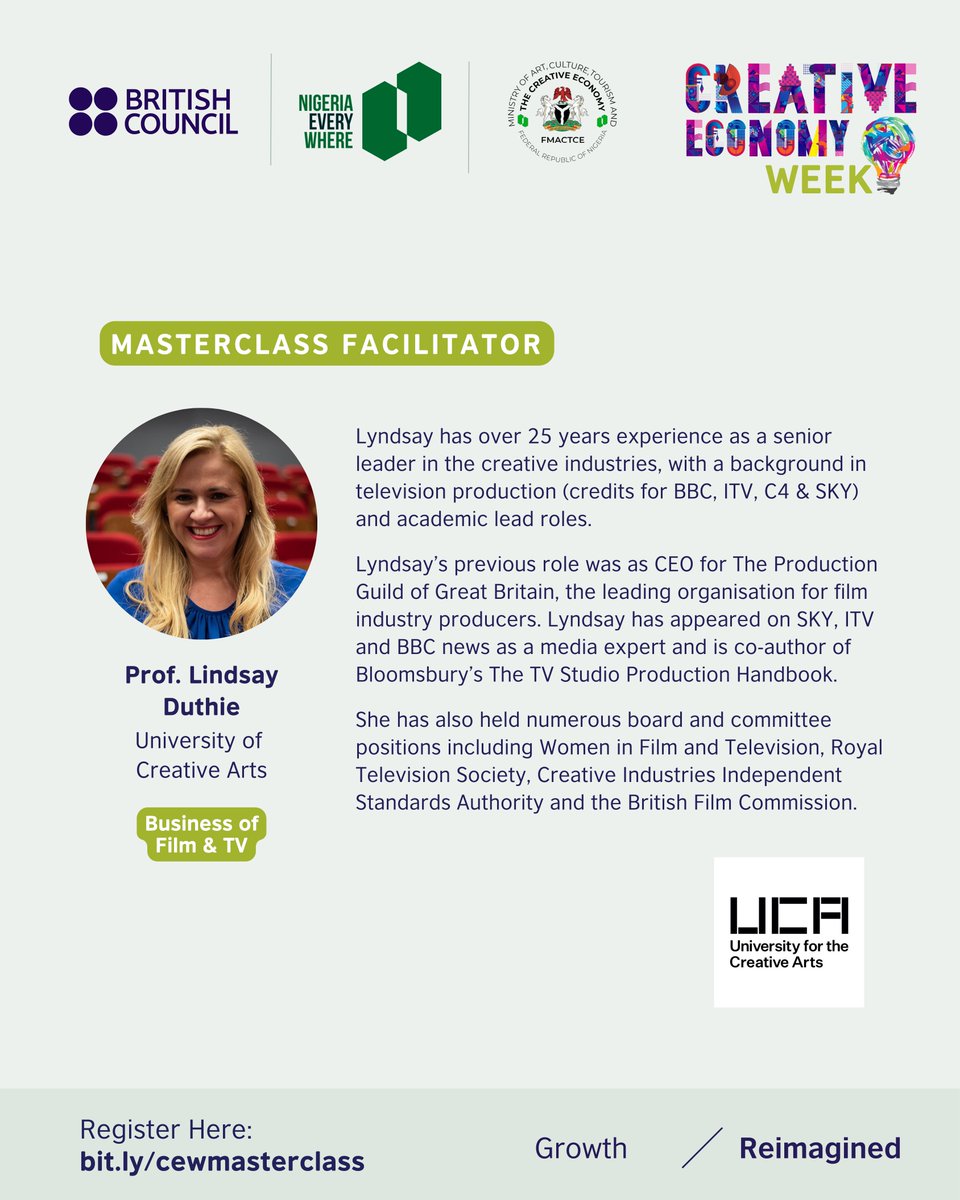 🎬 Behind every story is a billion-dollar industry. At #CEW2025Nigeria, Prof. Lindsay Duthie leads The Business of Film &amp; TV. Learn to turn ideas into sustainable careers.

 👉 bit.ly/cewmasterclass