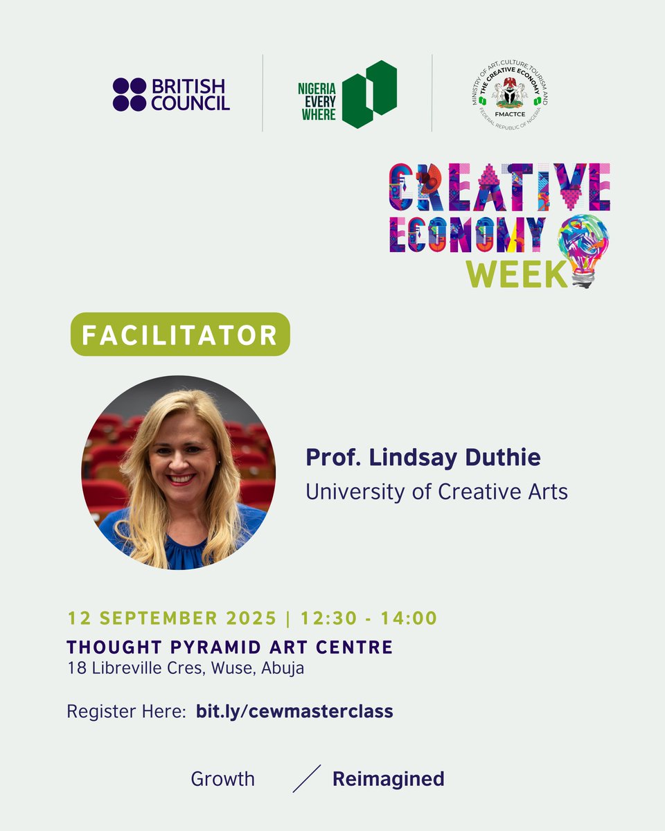 ngBritishArts's tweet photo. 🎬 Behind every story is a billion-dollar industry. At #CEW2025Nigeria, Prof. Lindsay Duthie leads The Business of Film &amp; TV. Learn to turn ideas into sustainable careers.

 👉 https://t.co/QoR9YtSpJN https://t.co/vbR3fmN3rR