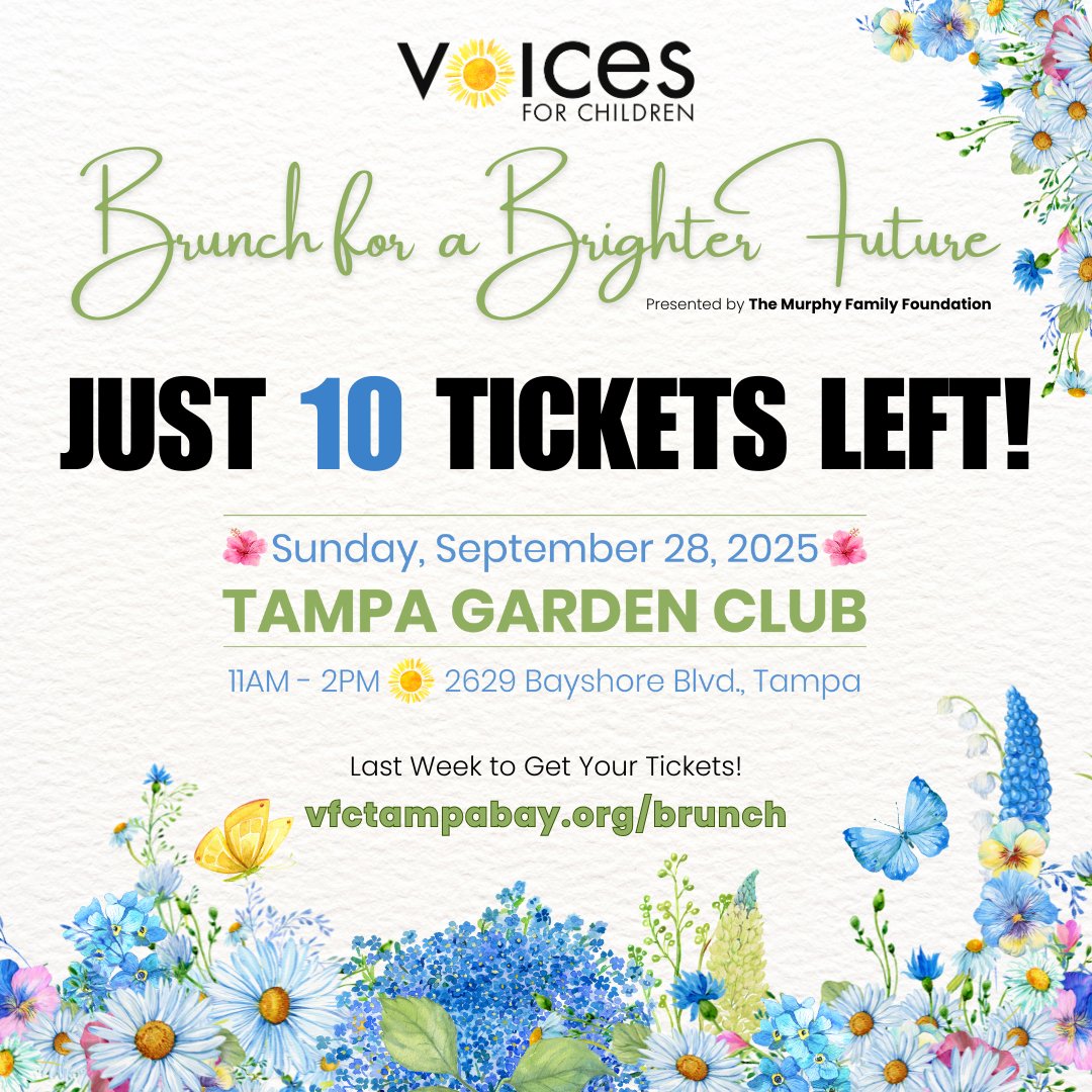 🚨 𝗝𝗨𝗦𝗧 𝗧𝗘𝗡 𝗧𝗜𝗖𝗞𝗘𝗧𝗦 𝗟𝗘𝗙𝗧! 🚨
It’s the 𝗙𝗜𝗡𝗔𝗟 week to secure your spot at Brunch for a Brighter Future 🌸✨

📅 Sunday, Sept. 28, 2025
📍 Tampa Garden Club | 11AM – 2PM
🎟️ Grab your ticket NOW: vfctampabay.org/brunch