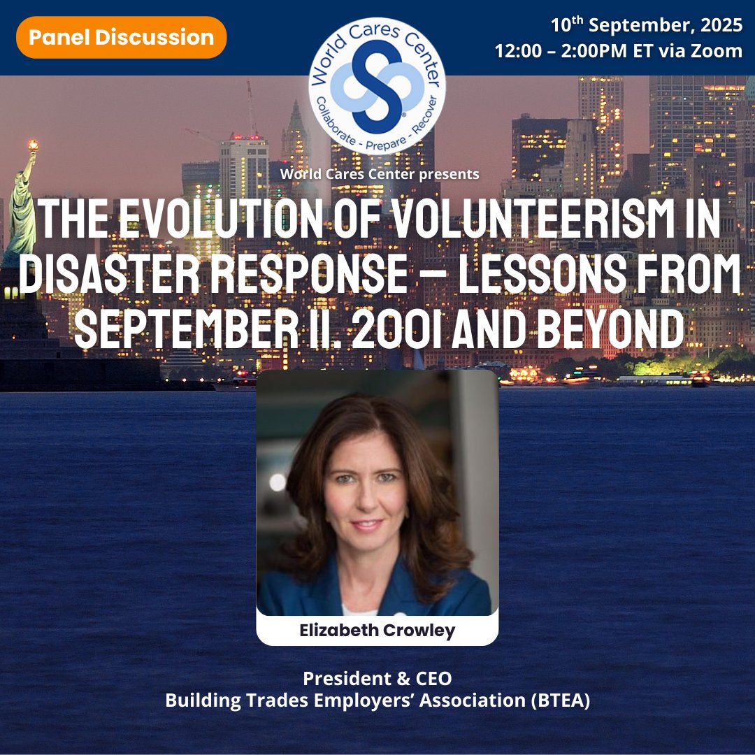 Join Elizabeth Crowley of <a href="/BTEANY/">BTEA of NYC</a> &amp; experts for a panel on disaster response on Sept 10, 12 PM ET via Zoom! Register: ow.ly/J8bU50WtExG #DisasterResponse #Volunteerism #911Day