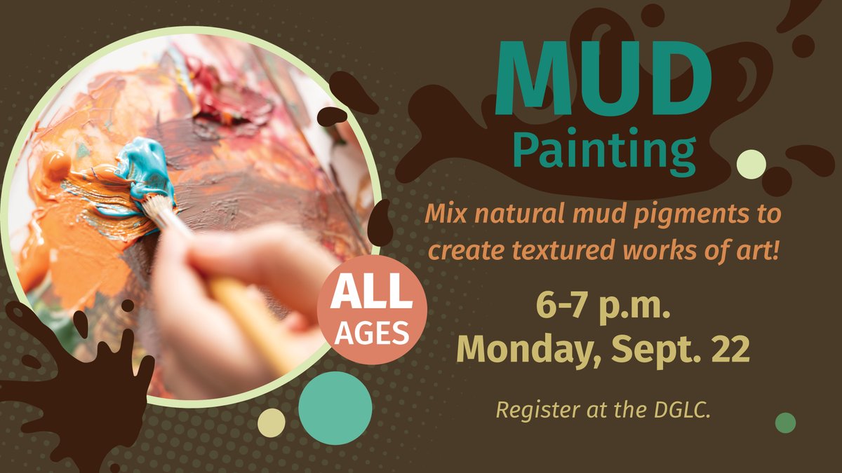 BvilleParks's tweet image. Kids can dig into creativity at Mud Painting, a youth art class from 6–7 p.m. Monday, Sept. 22, in the DGLC #OakRoom. For just $5, young artists will use natural mud pigments to create unique, textured masterpieces. Register by Monday, Sept. 15 at the DGLC! #NatureCraft