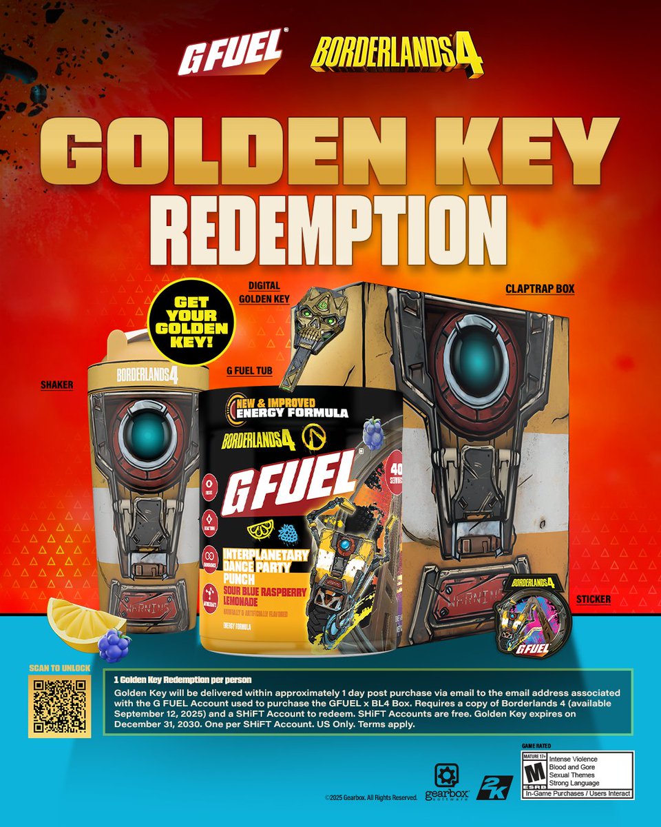 GFuelEnergy's tweet image. 🚀 @Borderlands X G FUEL 🚀 

Before you crack a Vault, you've gotta crack open a tub of Interplanetary Dance Party!  Channel the mayhem with a Sour Blue Raspberry Lemonade flavor in the ALL-NEW 2.0 FORMULA.  

Inside the Collector's Box 📦: 
⚡ Interplanetary Energy Tub (2.0…