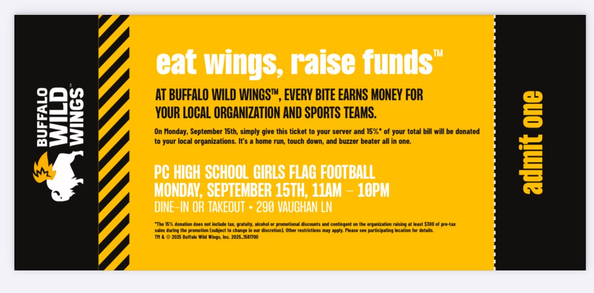 Make your plans now! Please come out and support Pell City High School Flag Football team Monday September 15th at Buffalo Wild Wings in Pell City. Enjoy some great food and know that you are also helping us out as well.