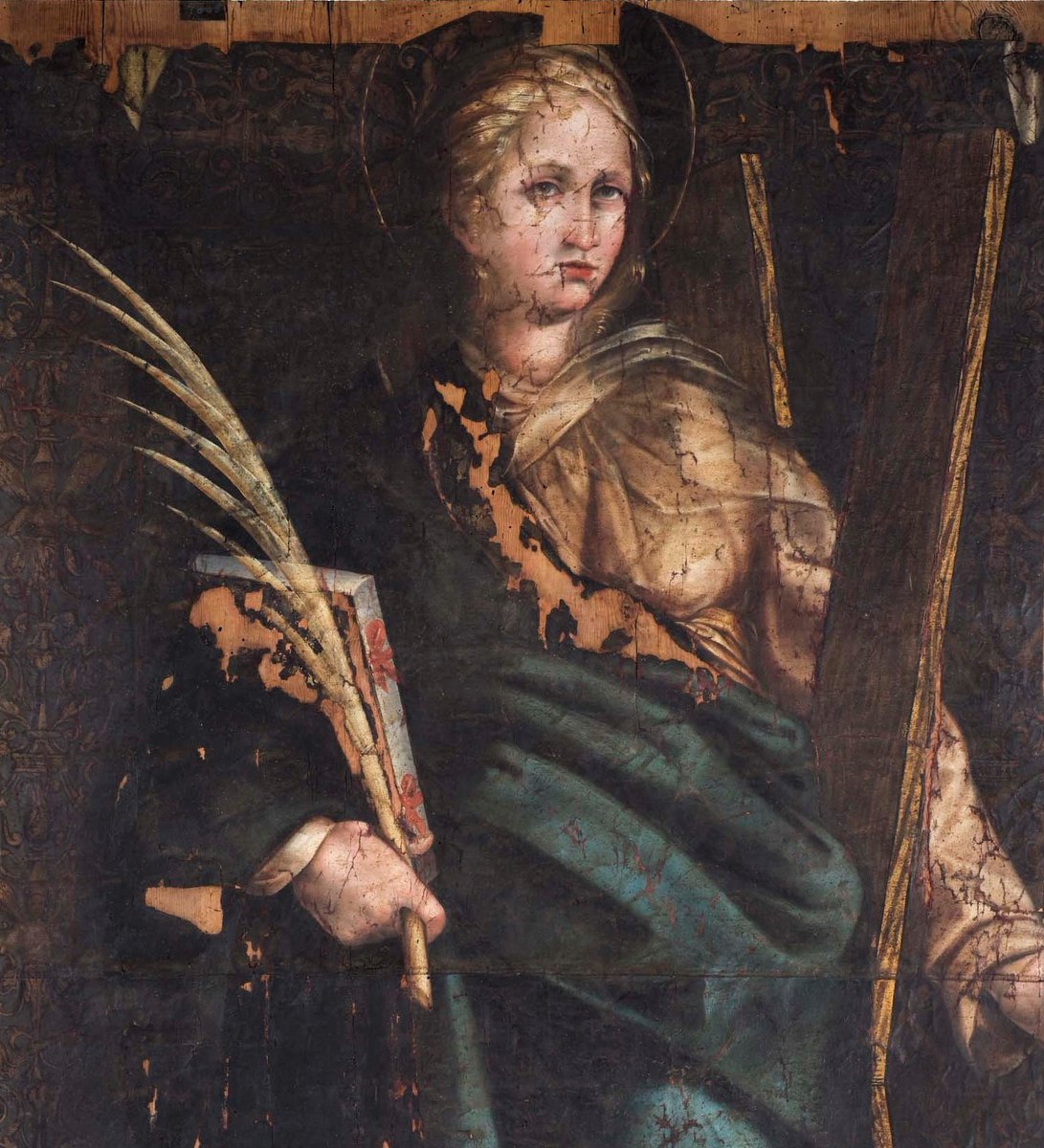 Fragment de bandera de Santa Eulàlia dels ss.XVI-XVII conservat al MUHBA. Es creu que seria la d’ús cerimonial, duta en processons i solemnitats; el penó que encapçalava les milícies barcelonines en batalla fou cremat pels borbònics quan caigué Barcelona l'11 de setembre de 1714.