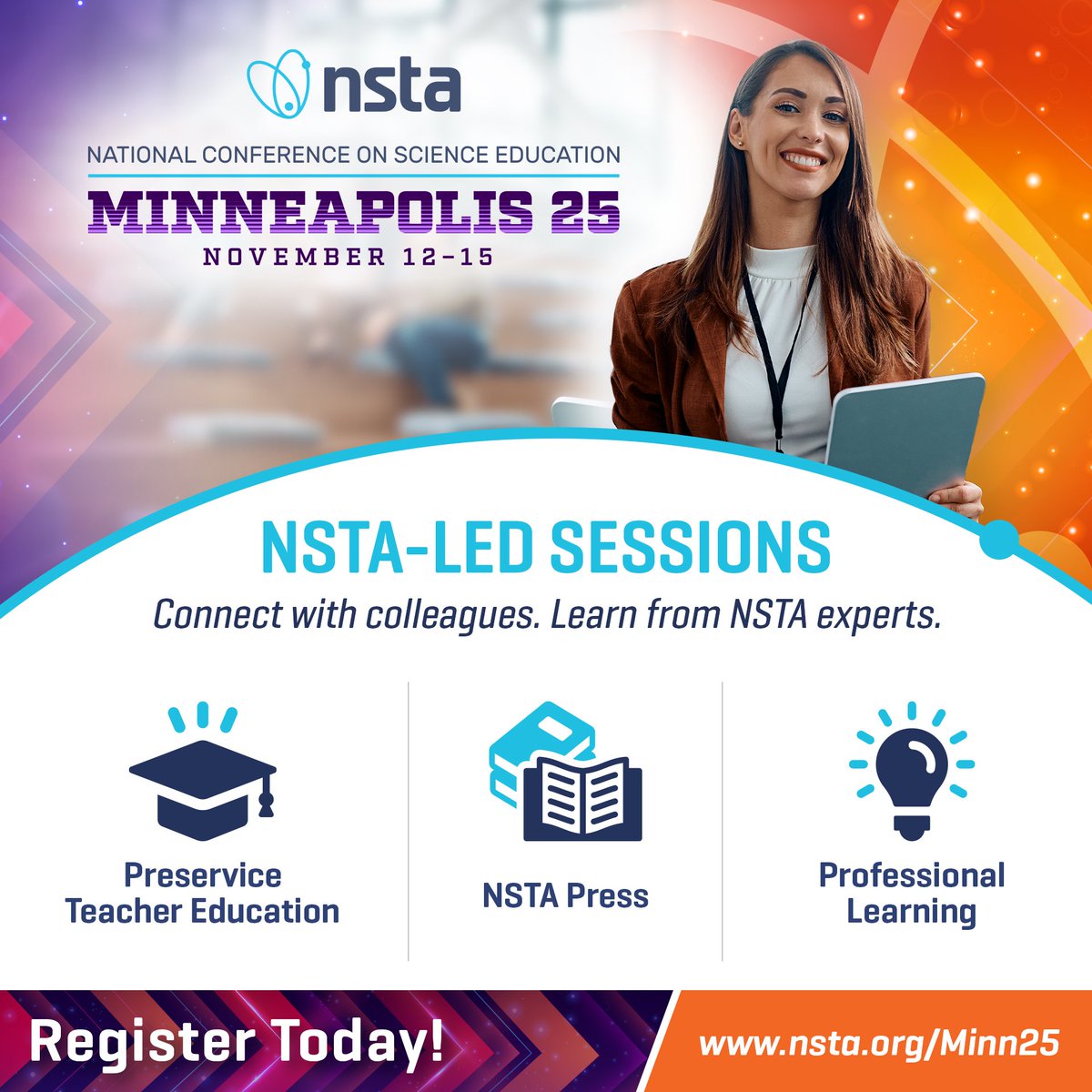 NSTA's tweet image. 🌟 Heading to #NSTAFall25? Be sure to check out NSTA-led sessions on preservice teacher education, new NSTA Press resources, and professional learning designed to strengthen your teaching and leadership. 👉 Plan your schedule: bit.ly/429jdFk
 #STEMEd #K12Education