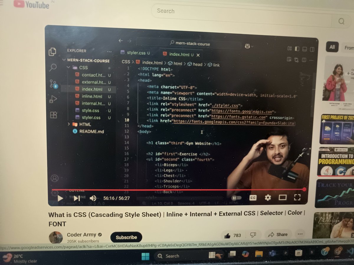 Dhruvisha Vithlani (@dhruvishav39420) on Twitter photo Lecture 7 MERN journey successfully completed with <a href="/rohit_negi9/">Rohit Negi</a>
CSS basics → Inline | Internal | External
Selectors → Element / ID / Class / Group
Colors → Named | RGB | HSL | Hex
Fonts → Size | Family | Weight | Style
<a href="/adityatandon02/">Aditya Tandon</a> <a href="/CoderArmy/">CoderArmy</a>
#MERNStack #CSS Lecture 7 MERN journey successfully completed with <a href="/rohit_negi9/">Rohit Negi</a>
CSS basics → Inline | Internal | External
Selectors → Element / ID / Class / Group
Colors → Named | RGB | HSL | Hex
Fonts → Size | Family | Weight | Style
<a href="/adityatandon02/">Aditya Tandon</a> <a href="/CoderArmy/">CoderArmy</a>
#MERNStack #CSS