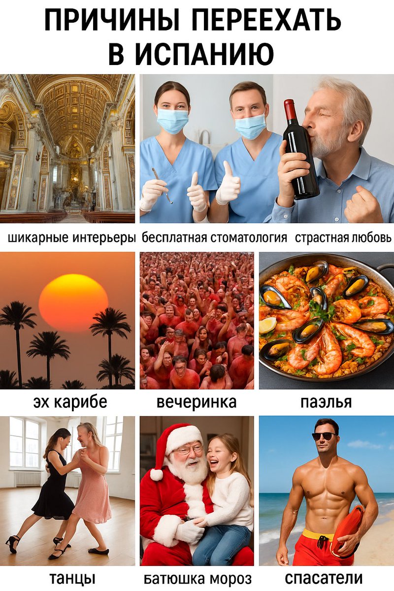 попросила чатжпт сделать смешной список причин переехать в испанию для моей подруги