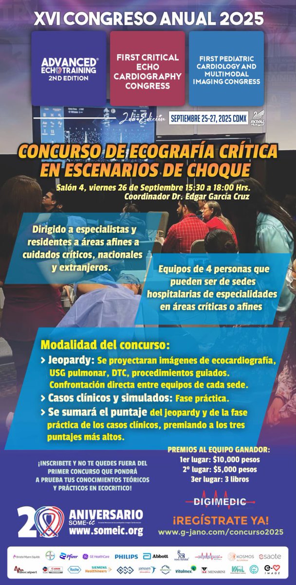 Participa en este concurso y pon a prueba tus conocimientos en ecografía crítica. Será un evento espectacular en donde competirán equipos de diferentes sedes hospitalarias. ¿ Estás listo ser el mejor equipo? Inscripciones en este link g-jano.com/concurso2025 <a href="/SOME_IC/">SOME-IC</a> <a href="/Garedg23/">Edgar GC</a>