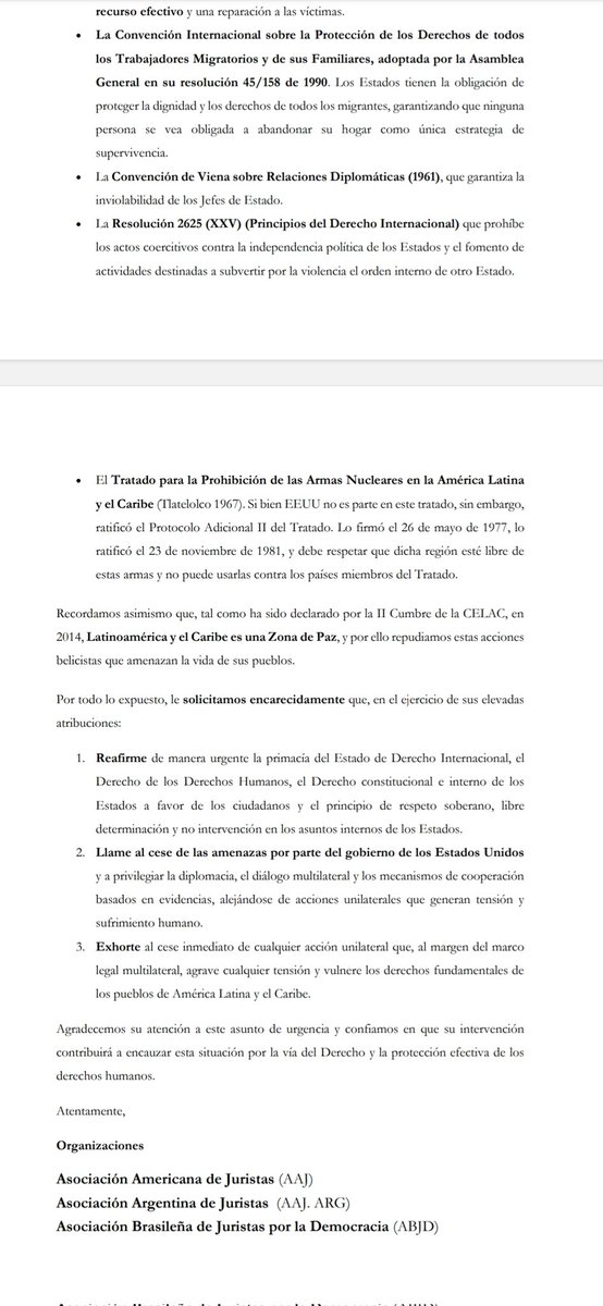 Juristas y catedráticos del derecho hacen un llamado al Alto Comisionado de Naciones Unidas para los DDHH para que intervenga ante la militarización de EEUU en el Caribe. Alertan que esta acción amenaza la paz de toda América Latina.
