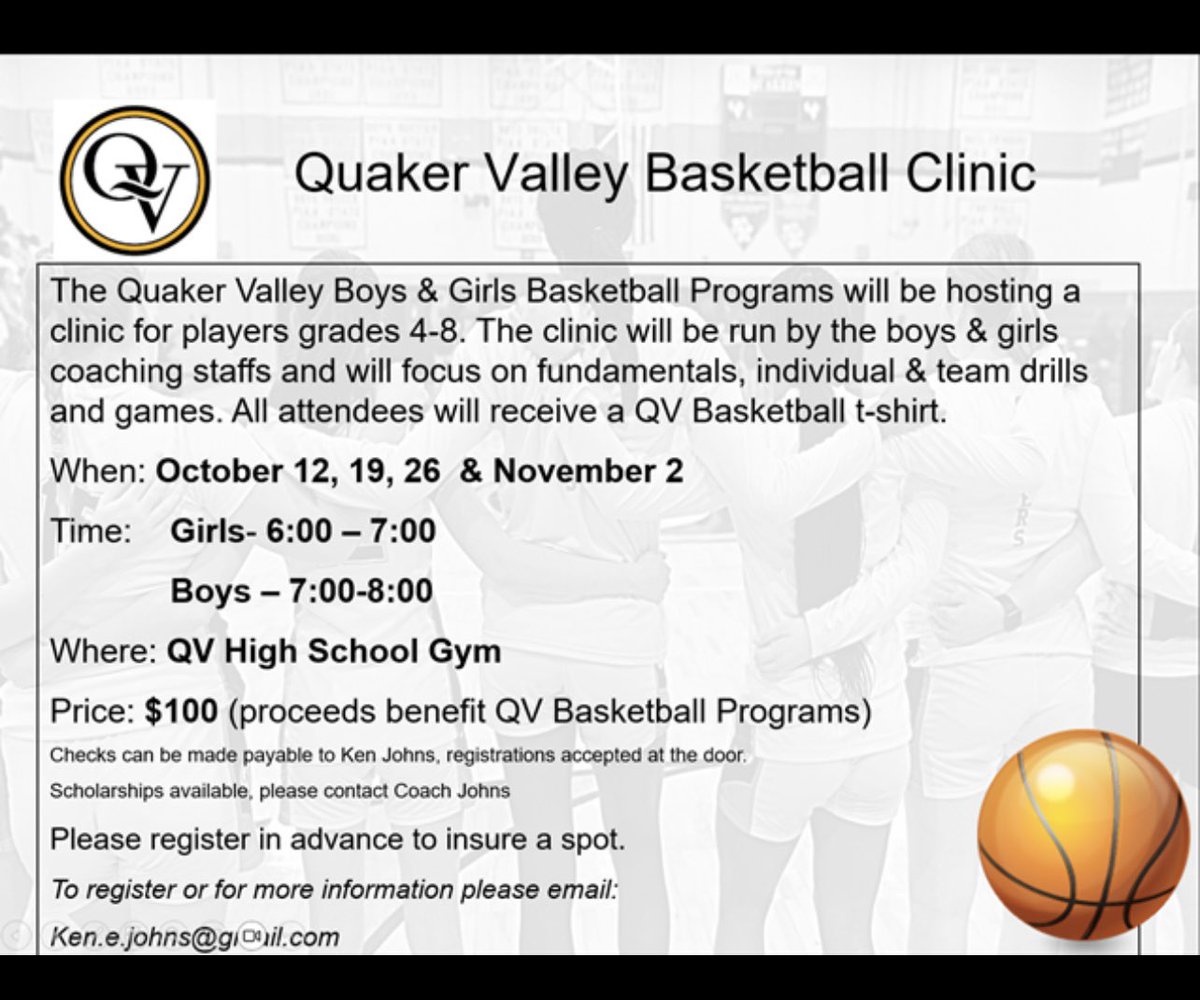 Attention 4th to 8th Graders!  QV Girls’ Basketball Head Coach Ken Johns is holding a skills clinic this Fall!  To register, email him at Ken.e.johns@gmail.com  #ALLIN