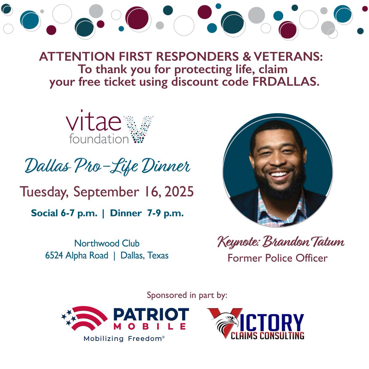 VitaeFoundation's tweet photo. Calling all first responders and veterans!  A sponsor has graciously provided a select number of tickets for first responders and veterans (and a guest of their choosing)! Register by Friday to claim your seats: https://t.co/DoEbQALk6O https://t.co/9YiFYN6LI3