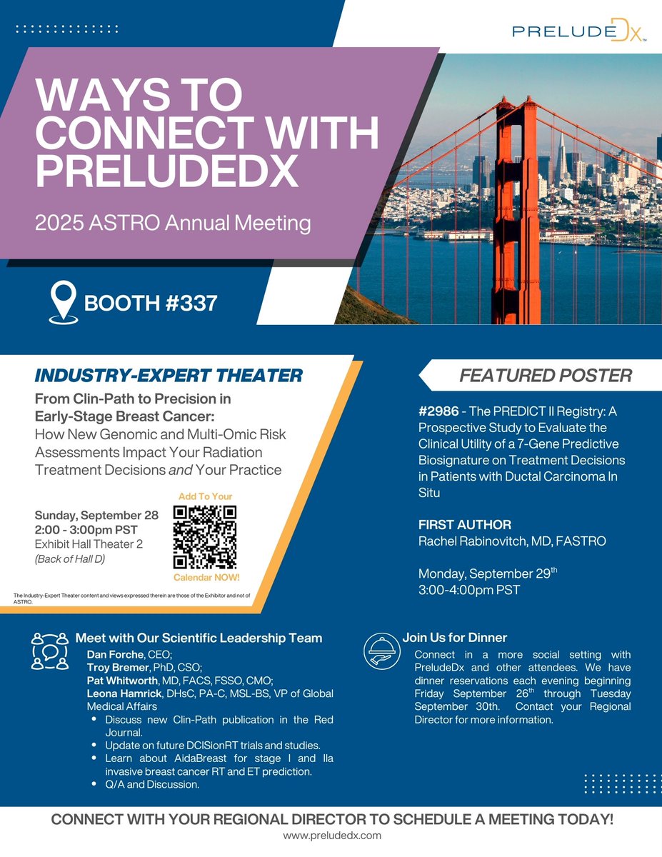 The PreludeDX team is excited to be headed to San Francisco for ASTRO 2025! Hear the latest from our Red Journal Clin-Path study, DCISionRT research, and what’s next with AidaBreast. So many ways to connect—we can’t wait to see you! #ASTRO25 #ASTRO #DCIS
