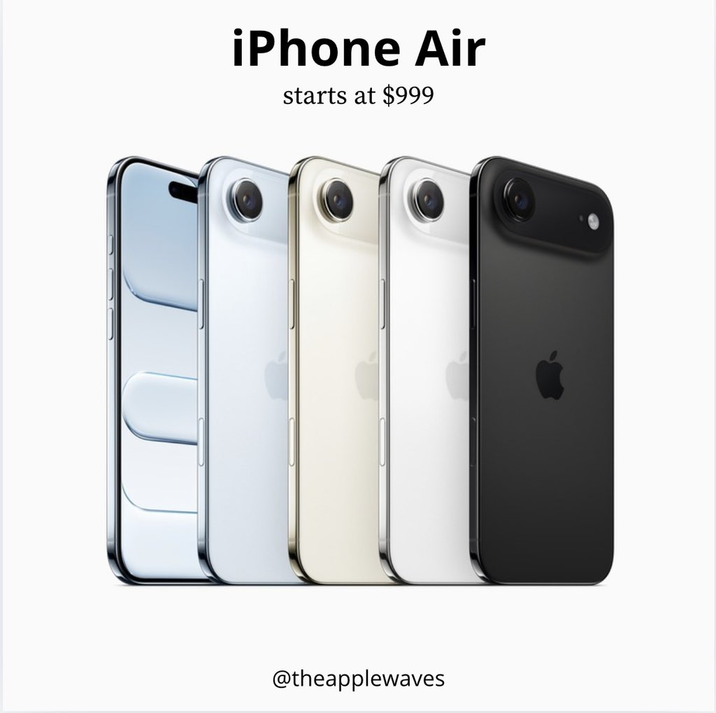 theapplewaves's tweet photo. iPhone Air
A19 Pro Chip
6.5" ProMotion display (3000 nits)
Single 48mp camera
eSIM only
N1 chip for: Wifi 7, Bluetooth 6 

iPhone Air will Pre-orders begin Friday, September 12, with availability beginning Friday, September 19.

#apple #theapplewaves #iphoneair #AppleEvent https://t.co/AJQoxpPj4o