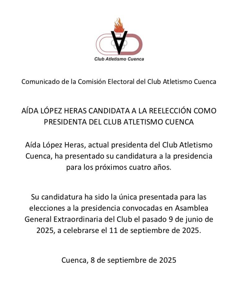 AÍDA LÓPEZ CANDIDATA A LA REELECCIÓN COMO PRESIDENTA DEL RUJAMAR ATLETISMO CUENCA
clubatletismocuenca.com/cac3/index.php…