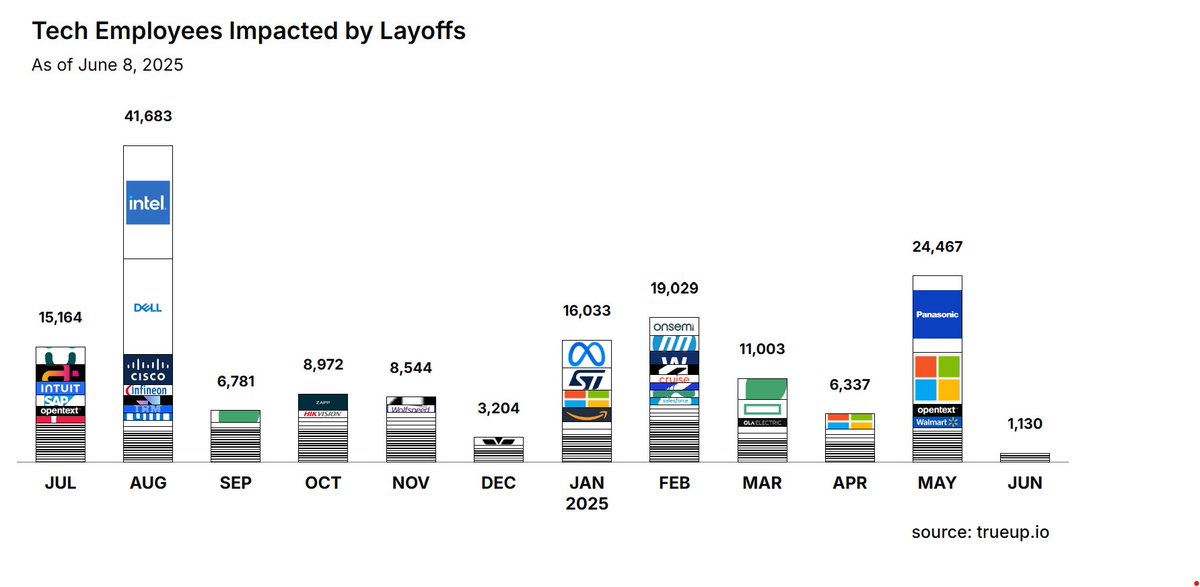 So far in 2025 in the US, there have been 342 layoffs at tech companies with 77,999 people impacted. That's 491 people losing their jobs to AI every single day.