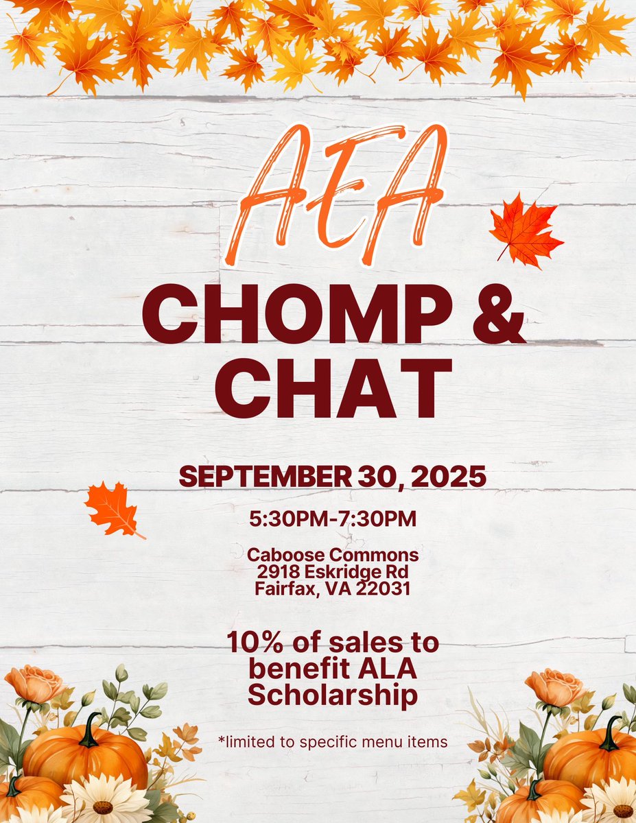 Come join us on Sept 30 for <a href="/AEA_FCPS/">Asian Educators Association (AEA)</a>’ first Chomp &amp; Chat of the year and help raise funds for our 2026 ALA Scholarship!