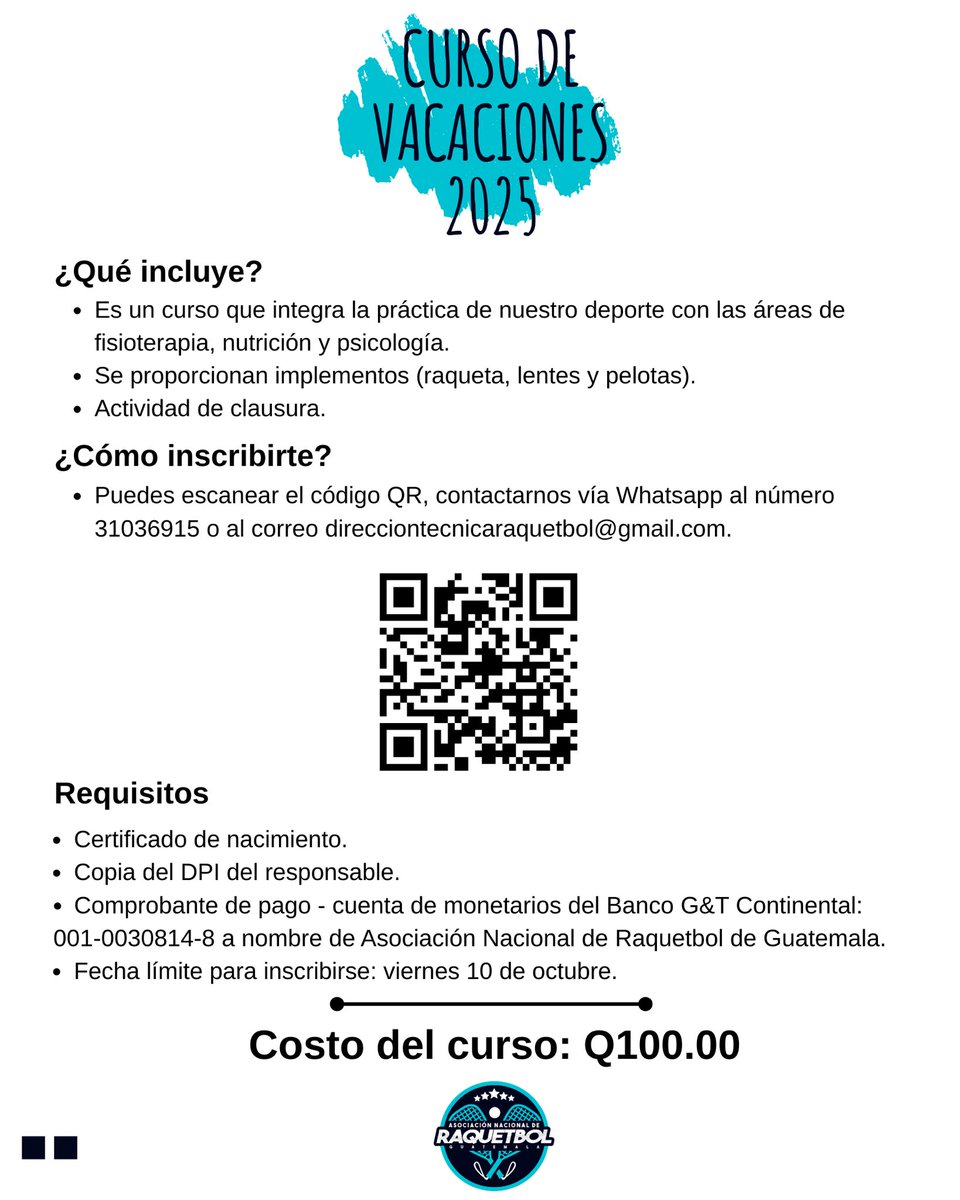Te invitamos a participar de nuestro Curso de Vacaciones 2025. Diviértete mientras descubres y practicas uno de los deportes que le ha dado grandes resultados y triunfos a Guatemala 🇬🇹.

A partir del próximo 21 de octubre, te esperamos, de lunes a jueves, en zona 13.