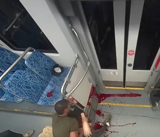 CrimewatchTO's tweet photo. The most horrifying part of the Iryna Zarutska murder was that all five people nearby witnessed the attack, simply got up, looked and walked away/off the train while she lay bleeding out on the ground. The man in the green shirt, who was seated farther down the train, noticed the blood trail from the suspect and went over to help.