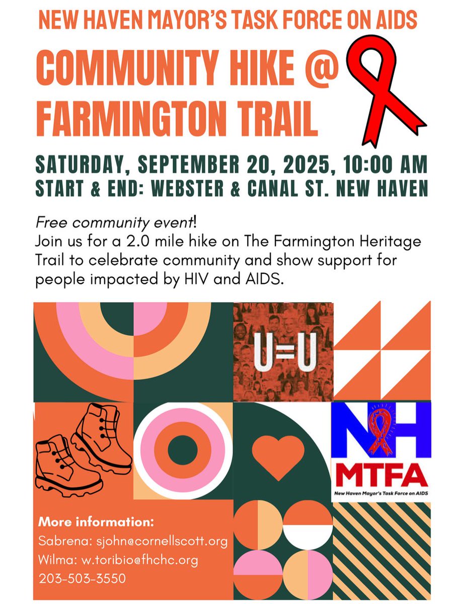 The New Haven Mayor’s Task Force on #AIDS community Hike. 9. 20. 2025, 10:00 AM
Farmington Trail
 Start &amp; End: Webster &amp; Canal St. New Haven, CT Free! 2.0 m hike to celebrate &amp; support people impacted by #HIV Snacks &amp; Water provided.  Info:
Sabrena: sjohn@cornellscott.org