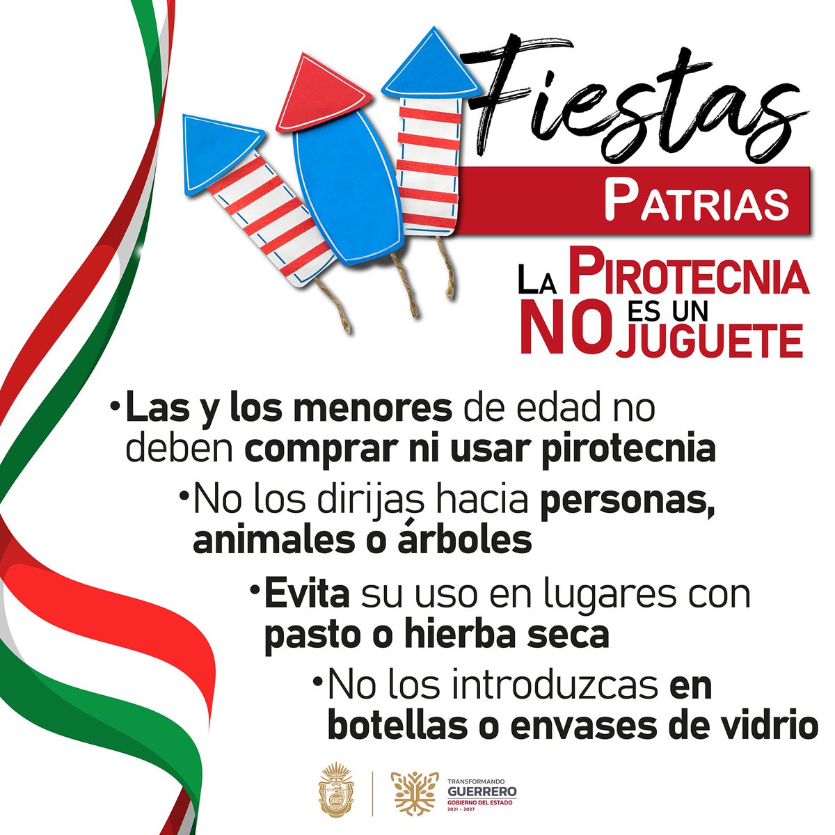 🎉 En estas Fiestas Patrias, la pirotecnia no solo pone en riesgo tu vida, sino que también afecta a niñas, niños, personas mayores, mascotas y al medio ambiente. 🌿

🎊 Para disfrutar sin riesgos, sigamos las siguientes recomendaciones.