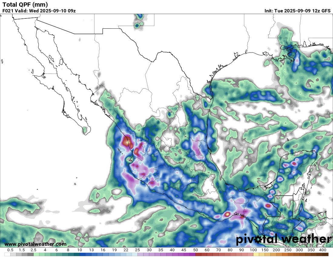 Pronóstico de #lluvias (tarde de este martes a primeras horas del miércoles):

Occidente y Pacífico Central (Sinaloa, Nayarit, Jalisco, Colima, Michoacán): Lluvias fuertes a muy fuertes, con acumulados de 50 a 90 mm.

Centro (CDMX, Estado de México, Tlaxcala, Morelos, Puebla):