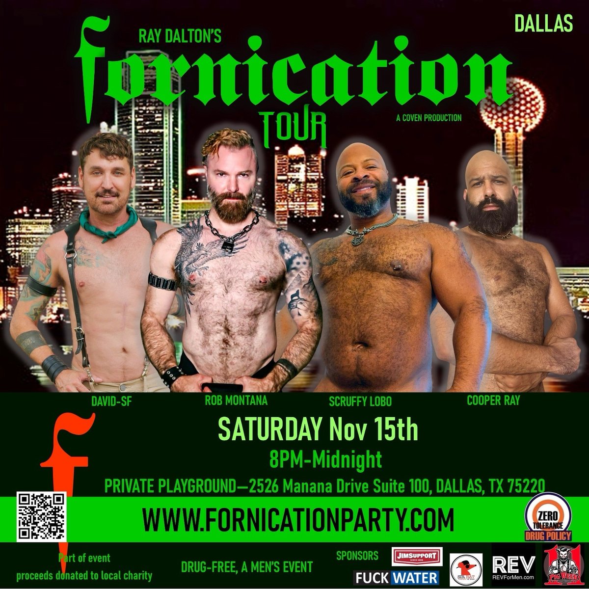 Dallas! The F Tour/Fornication slides into the Big D on Nov 15th with an all-star, all-stud lineup of #FornicationMen:  <a href="/david_sfxxx/">David_SFXXX</a> <a href="/RobMontanaXX/">Rob Montana</a> <a href="/Scruffy_Lobo/">Scruffy Lobo 🐺⛓️</a> &amp; <a href="/CooperRayXXX/">Cooper Ray XXX</a>. The Early Bird price ends Nov 4th. Tix &amp; info: fornicationparty.com/dallas