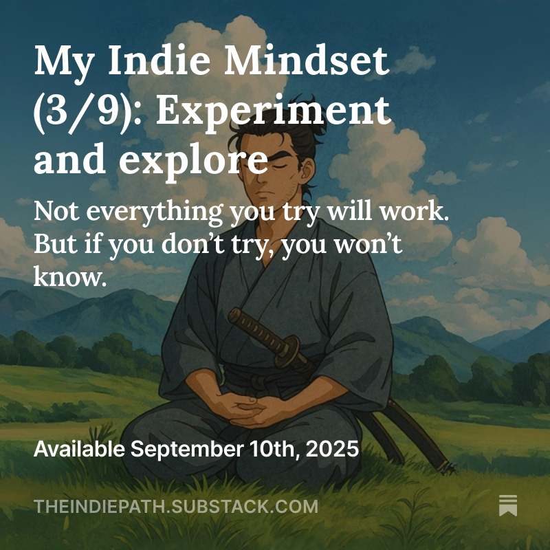 Post 3/9 of my indie mindset series drops tomorrow.

It’s all about experimentation, trying stuff outside your comfort zone, even when it flops.

I’ll share all the things I’ve tried over the years (most didn’t work) and why I don’t regret any of them.

open.substack.com/pub/theindiepa…