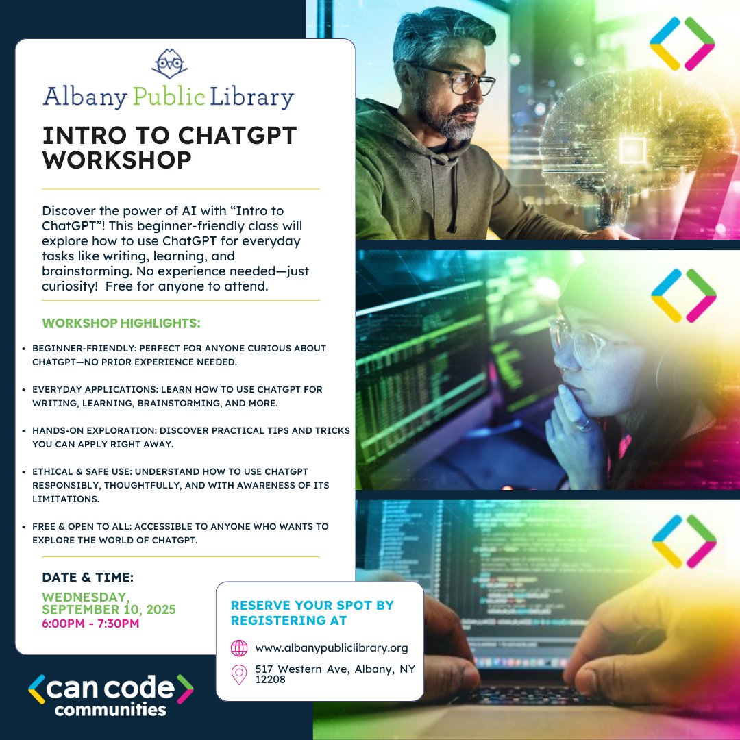 CanCodeOrg's tweet image. 🚀 Curious about AI? Join us TOMORROW at Albany Public Library – Pine Hills Branch for a FREE Intro to ChatGPT Workshop!
📅 Sept 10, 6–7:30 PM
✨ Tips, tricks & safe AI use—no experience needed!
👉 Register: albany.librarycalendar.com/event/intro-ch…
#AlbanyNY #AI #ChatGPT