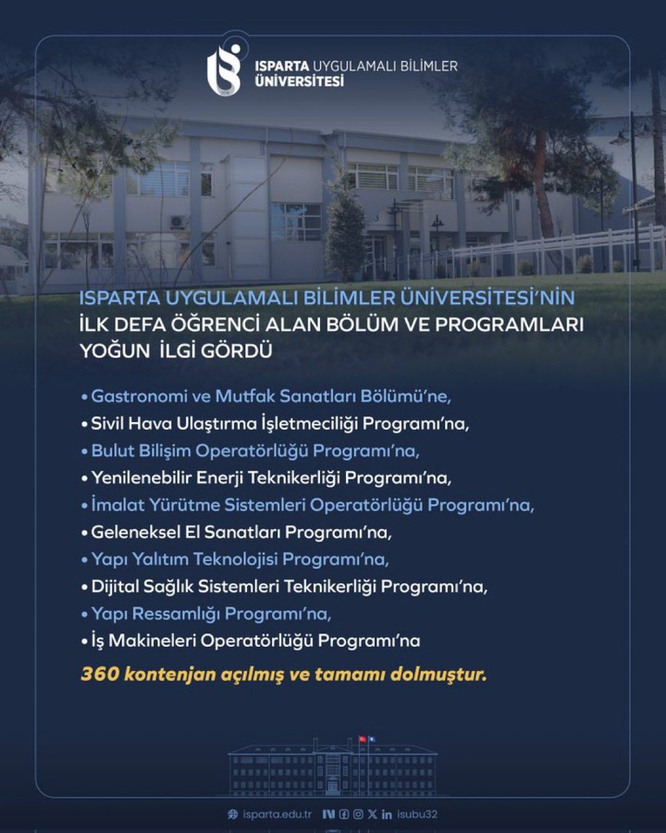 Bu yıl ilk defa öğrenci alımı yaptığımız bilişim, yapay zekâ, yeşil beceriler, sağlık ve tarımda dijital dönüşüm başta olmak üzere istihdam odaklı bölüm ve programlarımız alanında en yüksek puan ile öğrenci alarak kapılarını açmıştır…