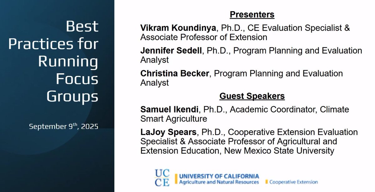 We offered a training on 'Best Practices for Running Focus Groups' for the first time as part of the <a href="/ucanr/">Ag&Natural Resources</a>  Extension Evaluation Capacity Building training series. Thanks to our guest speakers for sharing examples from their extension evaluation &amp; research projects in CA and NM.