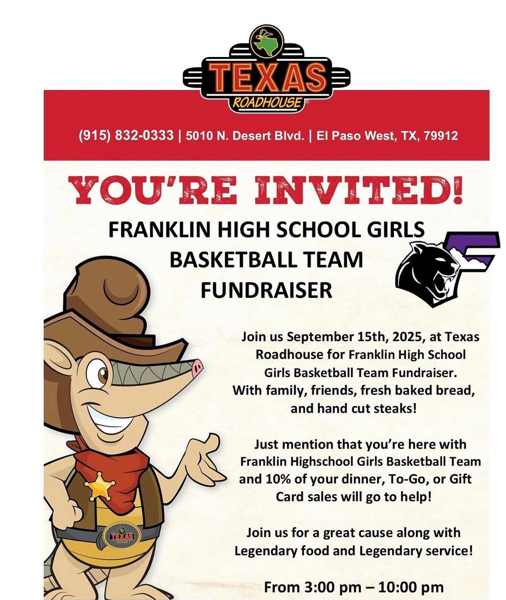Please join us at Texas Roadhouse on Monday, September 15th between 3PM-10PM to support our program. Please mention Franklin Girls Basketball to help. See you there!
