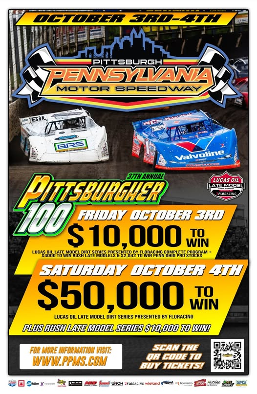 .<a href="/lucasdirt/">#𝗟𝘂𝗰𝗮𝘀𝗗𝗶𝗿𝘁 🏁</a> hits <a href="/PAMotorSpeedway/">PPMS 🏁</a> Oct. 3 &amp; 4 for the 37th Annual Pittsburgher 100! Don't miss one of the biggest dates on the Lucas Oil schedule this season! Get your tickets NOW and beat the line on race day!

BUY TICKET HERE: tinyurl.com/P100Tix
