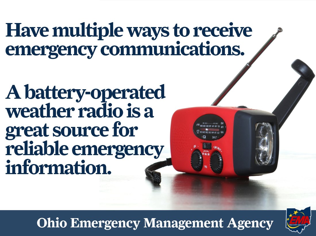 Ohio_EMA's tweet photo. Having a weather radio in your emergency kit can ensure you have access to accurate and important information, even when your power is out. To learn more, visit: https://t.co/J55YO8E1iY #OhioEMA https://t.co/VLHbGvyl2M https://t.co/9HyYBte9KI