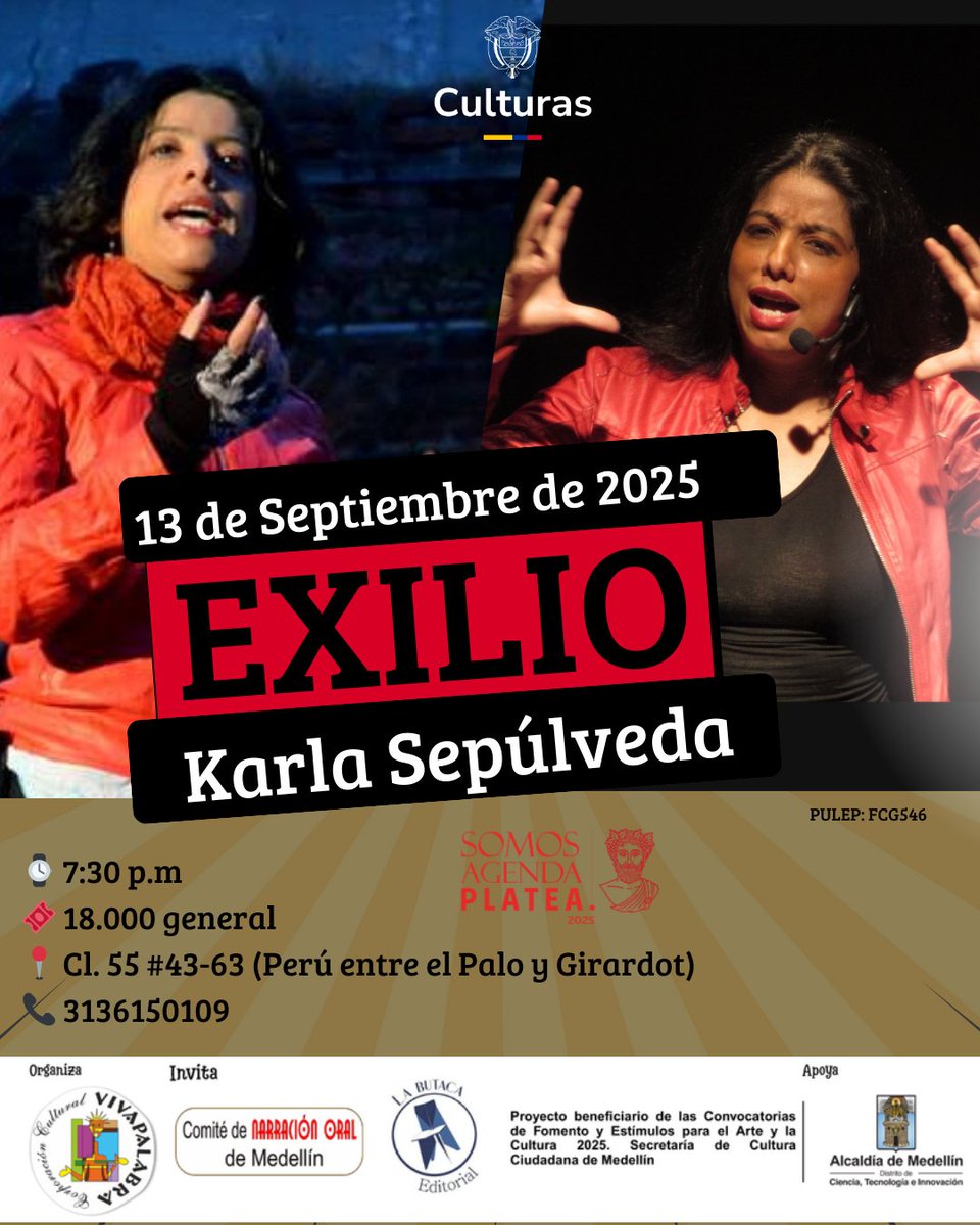 esta semana tenemos a Juan Sebastián Monsalve Betancur con su espectáculo "Brevísima relación de los acontecimientos de San Juan de todos los Ríos" y a Karla Sepúlveda con "ÉXILIO"
También estaremos en la #fiestadellibroylacultura con el Picnic de Cuentos. Los esperamos
