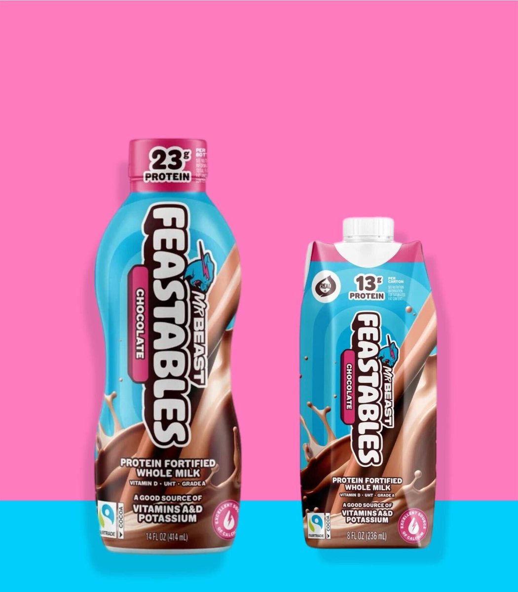 Dexerto's tweet image. MrBeast has launched a Feastables chocolate milk drink