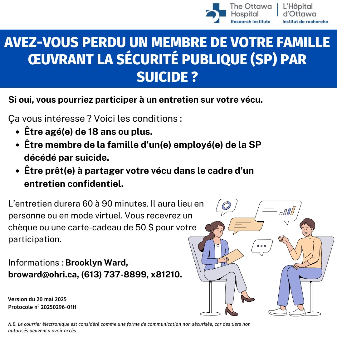 HatchingHub's tweet image. Une étude qualitative menée à L’Hôpital d’Ottawa est à la recherche de personnes qui ont perdu par suicide un membre de leur famille qui œuvrant pour la sécurité publique (PSP) par suicide et qui sont prêtes à en parler. On offre 50 $ pour un entretien.