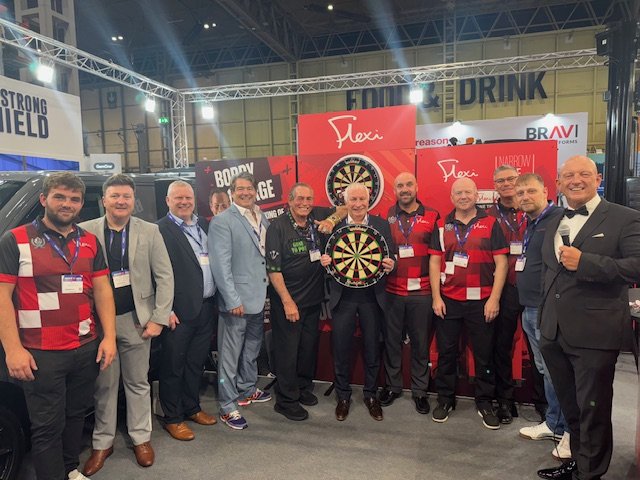 LeeLBurt's tweet photo. Exhibition Day with the legend Bobby "King of Bling" George, Jamie "Yozza" Hughes and Paul Booth. Great day mixing my work and darts! https://t.co/eygfLmnYYu