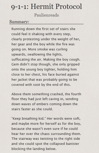 fic fight may be over, but we always have the fics to remember 
🧯9-1-1: Hermit Protocols
🧯154k, fully complete
🧯23 chapters that can be read separately from each other (switching pov's from time to time)
🧯 made because of fic fight, psy and, tvshow 9-1-1
🧯Link in the reply