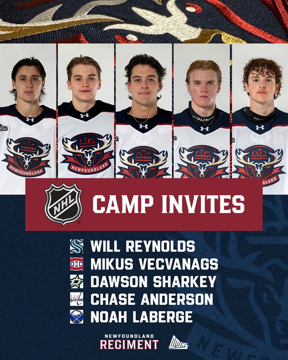 Best of luck to these 🖐️ Regiment players at their respective NHL Rookie Camps this week:

Will Reynolds (D) - Seattle Kraken
Mikus Vecvanags (G) - Montreal Canadiens
Dawson Sharkey (F) - Dallas Stars
Chase Anderson (G) - Washington Capitals 
Noah Laberge (D) - Buffalo Sabres