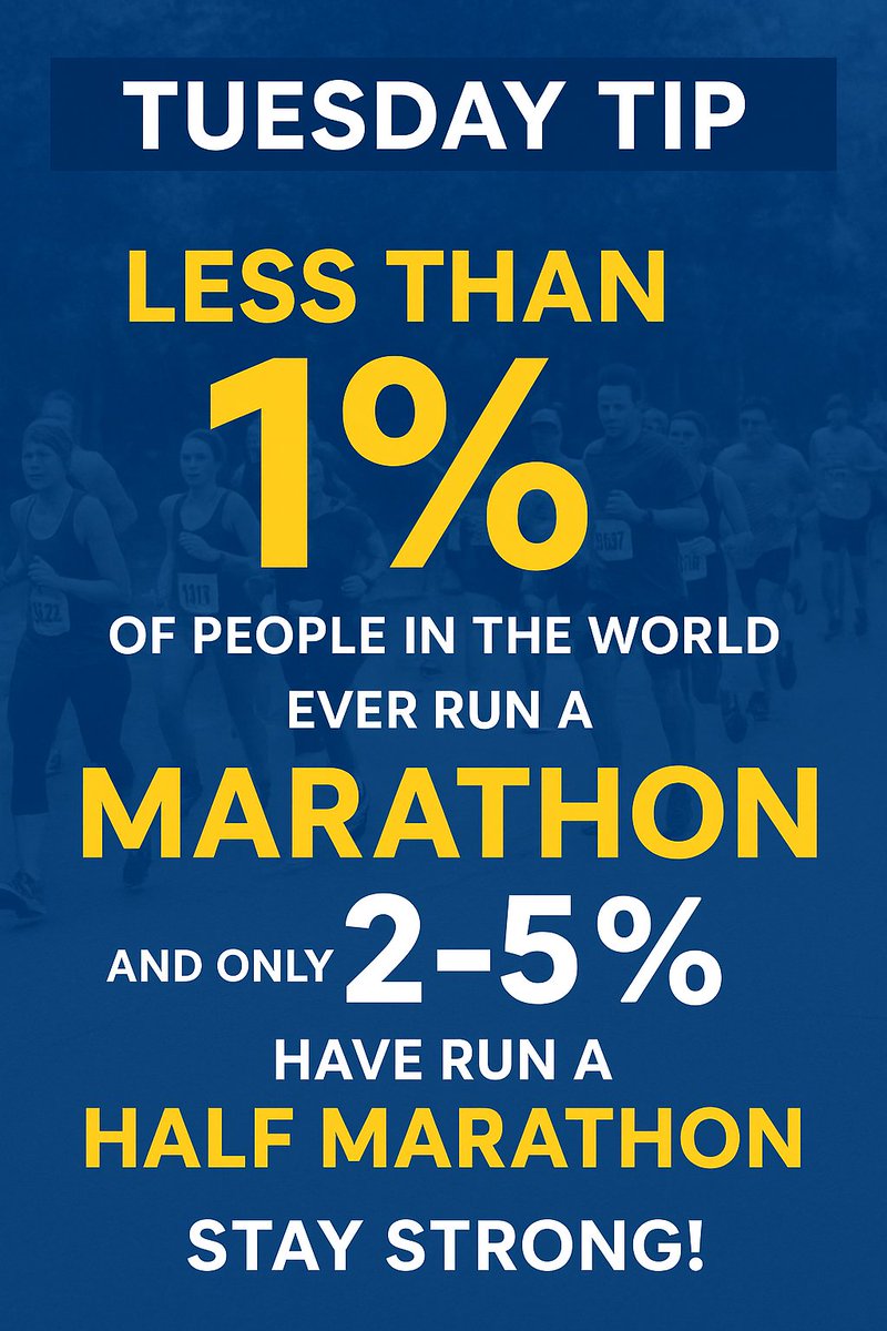 RunAustinFit's tweet image. #TuesdayTip! Less than 1% of people run a marathon, and only 2-5% have run a half marathon. By training with us, you’re on track to join that rare and inspiring group! Don’t get too discouraged and lose sight of your why. Stay strong, trust the training, and keep moving.