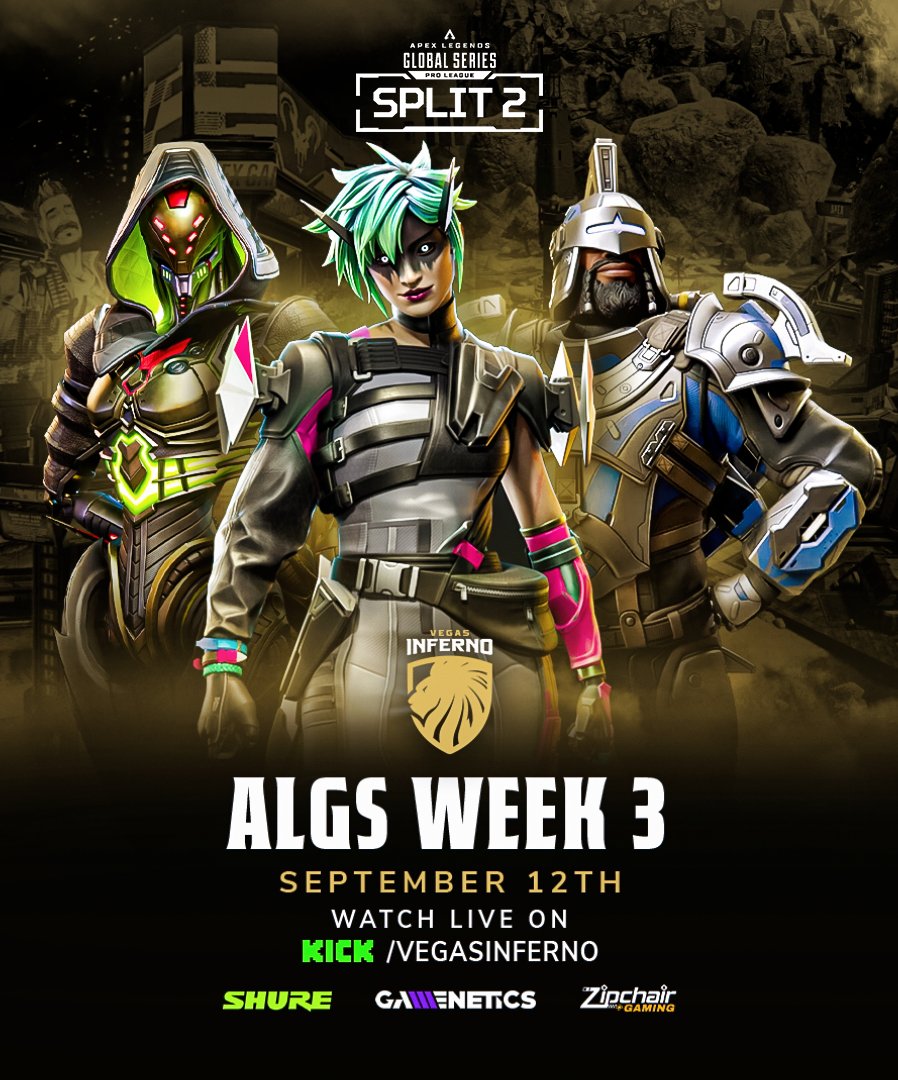 Week 3 of the <a href="/PlayApexEsports/">Apex Legends Esports</a> ALGS APAC-S IS HERE!

Join @ThaHavocc @Glyphics_ <a href="/C_J_SCHULTZ/">LVI | C_J_SCHULTZ</a> &amp; <a href="/Rio47__/">🪐Supreme_Rio🛸</a> AT 9:00PM PST as they watch the team play live on <a href="/kick/"></a> !!

🟢 | kick.com/vegasinferno