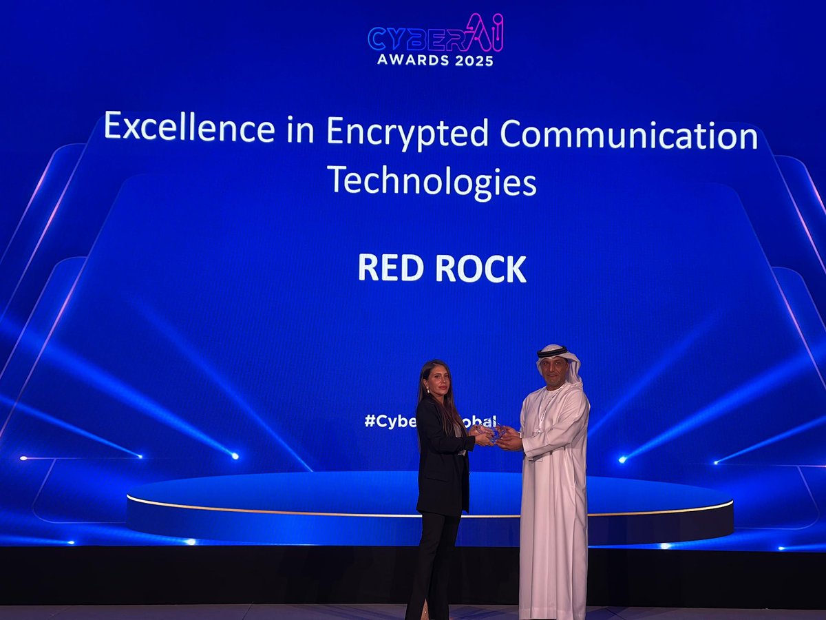 redrock_uae's tweet image. 🏆 Honored to announce that Red Rock has been awarded Excellence in Encrypted Communication Technologies at the Cyber AI Summit &amp;amp; Awards 2025 in Dubai.

This prestigious recognition, delivered in the presence of global leaders in AI and cybersecurity, underlines Red Rock’s role…